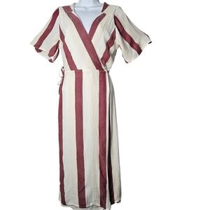 Lulus Burgundy Cream Striped True Wrap Dress XL‎ Flutter Sleeve Tie Waist Resort